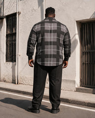 Big & Tall Men's Black And Gray Plaid Printed Long Sleeve Shirt Trousers Set