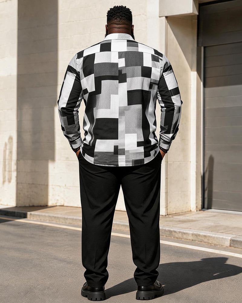 Big & Tall Men's Black And White Gray Irregular Block Printed Long Sleeve Shirt Trousers Set
