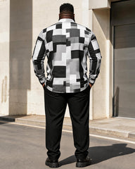 Big & Tall Men's Black And White Gray Irregular Block Printed Long Sleeve Shirt Trousers Set