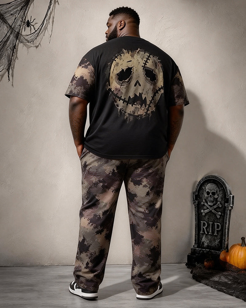 Big & Tall Men's Camouflage Patch Horror Doll Face Printed T-Shirt Pants Set