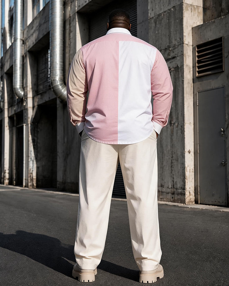 Big & Tall Men's Pink And White Apricot Color Matching Printed Long Sleeve Shirt Trousers Set