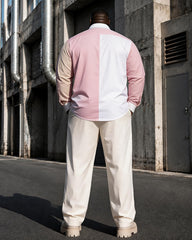 Big & Tall Men's Pink And White Apricot Color Matching Printed Long Sleeve Shirt Trousers Set