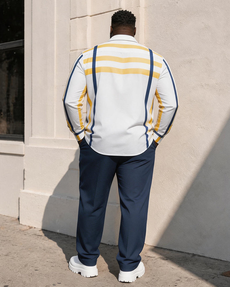 Big & Tall Men's Yellow And Blue Contrast Vertical Stripe Print Long Sleeve Shirt Pants Set