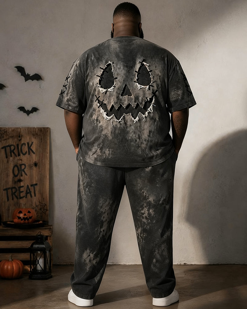 Big & Tall Men's Halloween Rough-edged Pumpkin Grimace Printed T-shirt Trousers Set