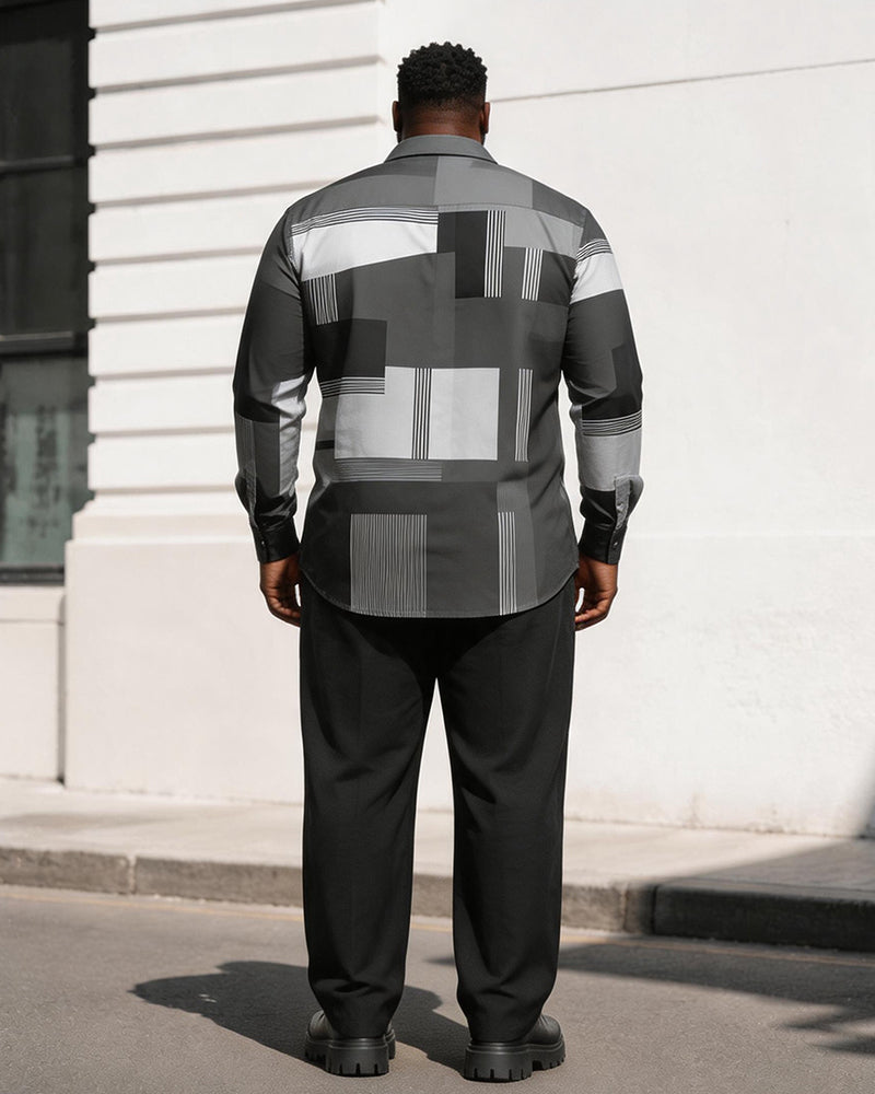 Big & Tall Men's Dark Gray Color Block Geometric Print Long Sleeve Shirt Trousers Set