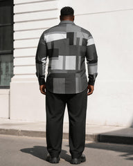 Big & Tall Men's Dark Gray Color Block Geometric Print Long Sleeve Shirt Trousers Set
