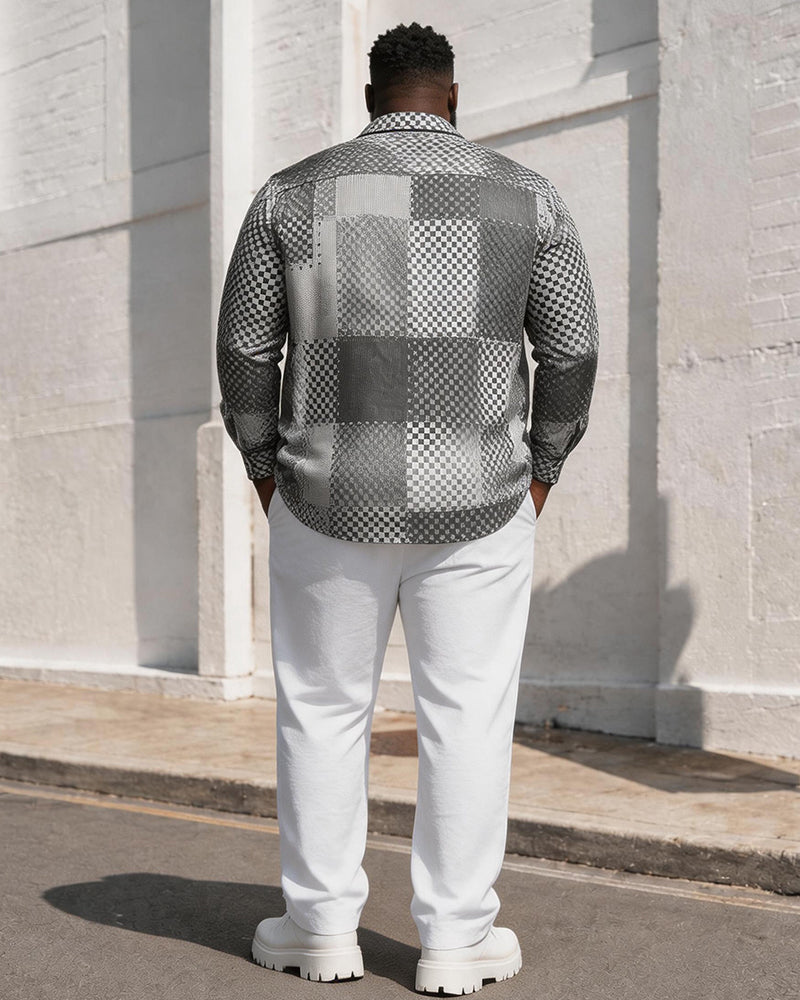 Big & Tall Men's Checkerboard Patchwork Printed Long Sleeve Shirt Pants Set