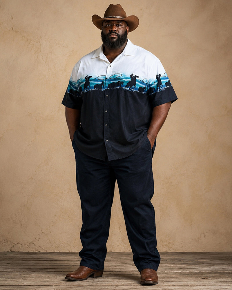 Big & Tall Men's Black And White Gradient Western Denim Silhouette Print Short Sleeve Shirt Pants Set