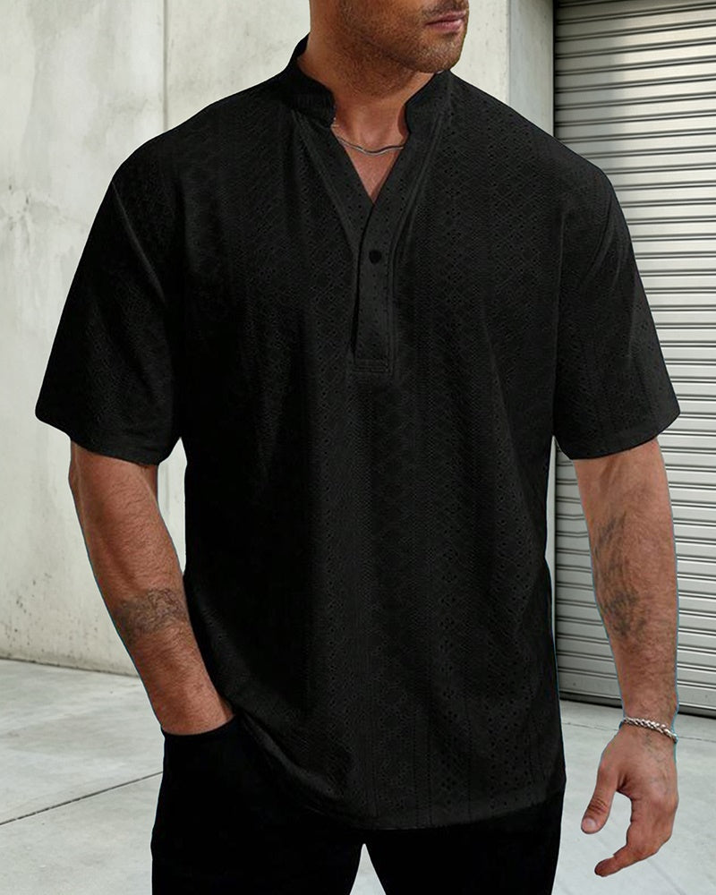 2XL-6XL Solid Color Knitted Water Soluble Jacquard Button Sleeve Men's Shirt