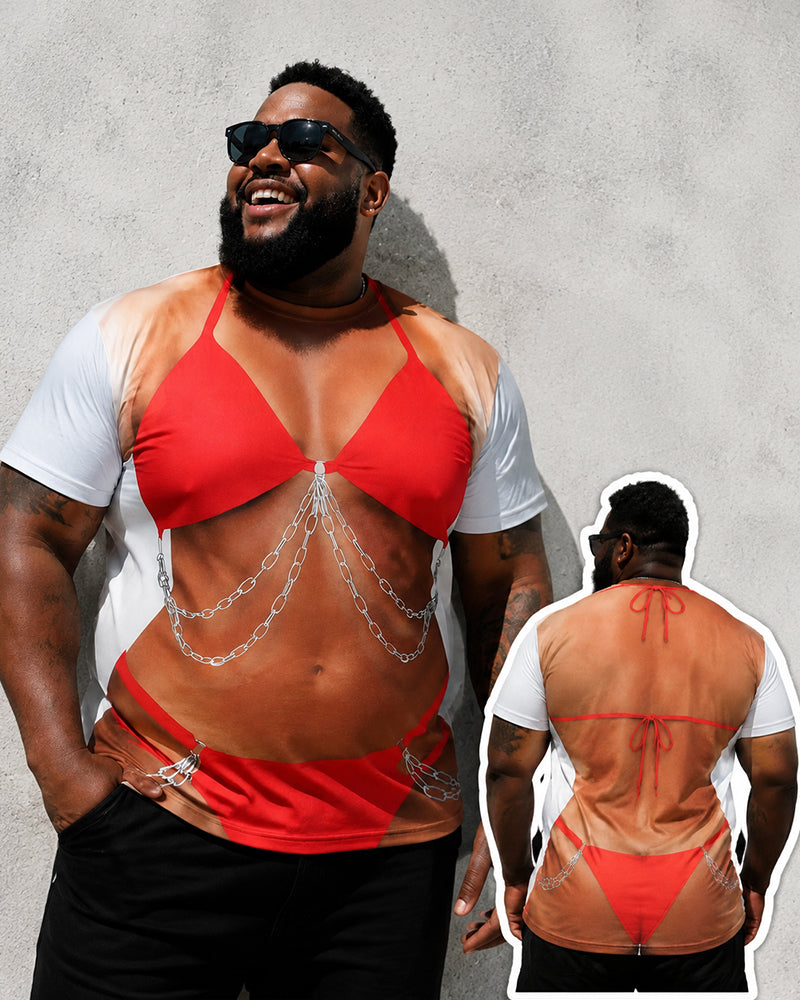 Big & Tall Men's Red Chain Bikini Fun Printed Round Neck Short Sleeve T-Shirt