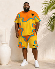 Big & Tall Men's Color Contrast Wave Coconut Tree Print Round Neck Short Sleeve T-Shirt Shorts Set