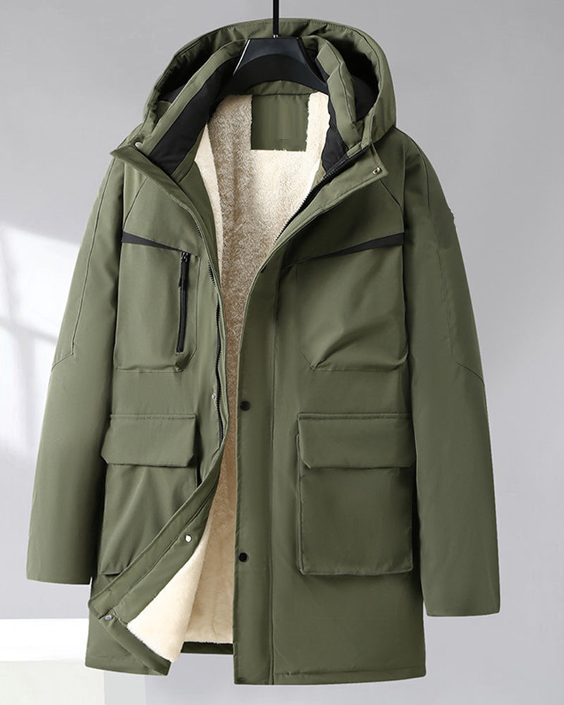 6XL-13XL Fleece-lined Three-proof Men's Mid-length Hooded Jacket