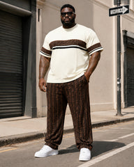 Big & Tall Men's White Brown Stitching Printed T-shirt Trousers Suit