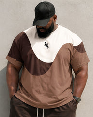 Big & Tall Men's Brown Wave Patchwork Pony Print Round Neck Short Sleeve T-Shirt Shorts Set