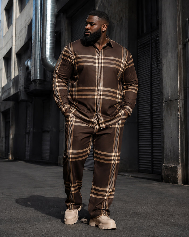 Big & Tall Men's Retro Brown Coffee Plaid Printed Long Sleeve Shirt Pants Set