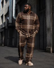 Big & Tall Men's Retro Brown Coffee Plaid Printed Long Sleeve Shirt Pants Set