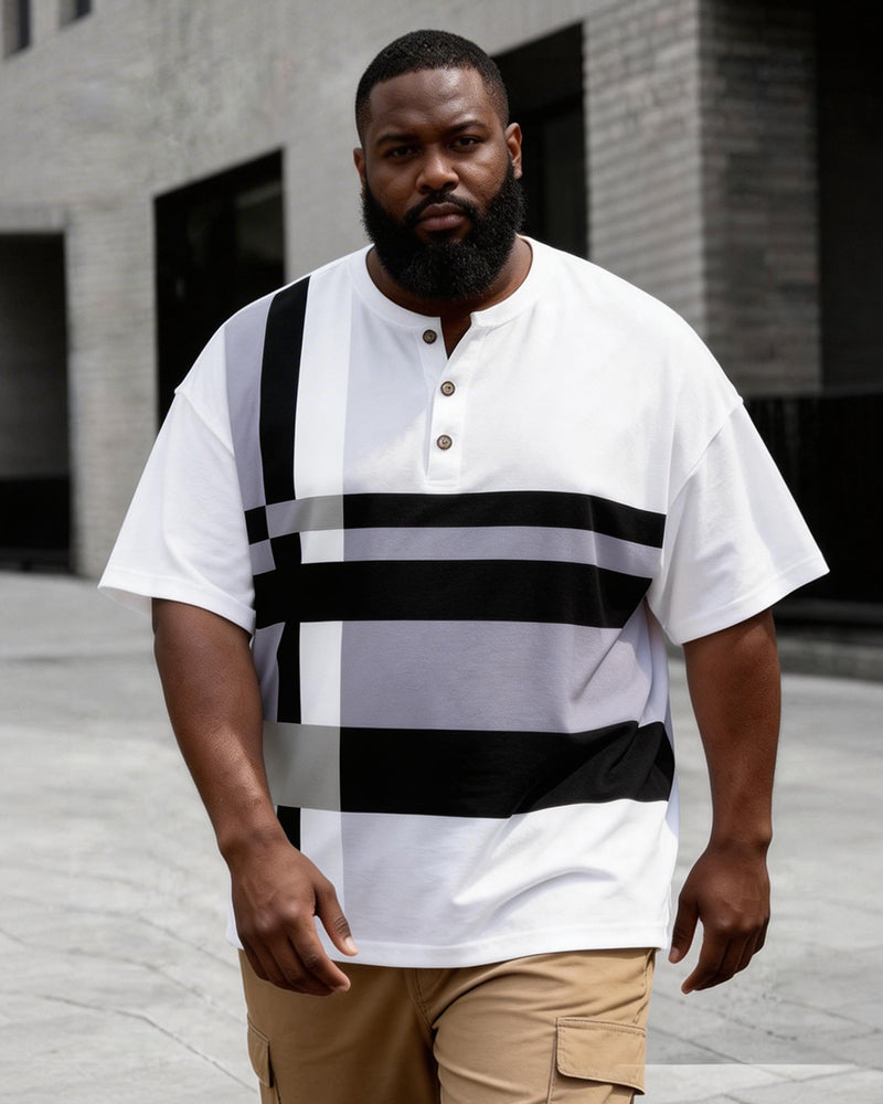 Big & Tall Men's Gray White Black Geometric Stripe Printed Henry Collar Button Short Sleeve T-Shirt