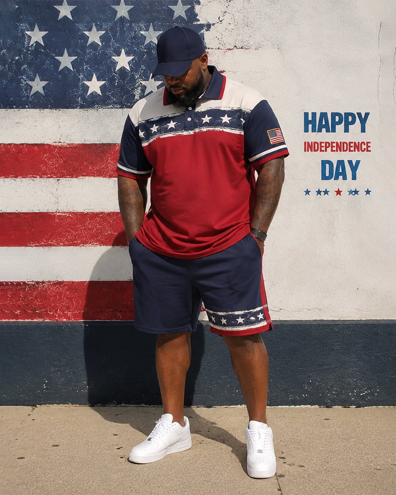 Big & Tall Men's Red, Blue And White Contrast Star Print POLO Short Sleeve Shorts Set