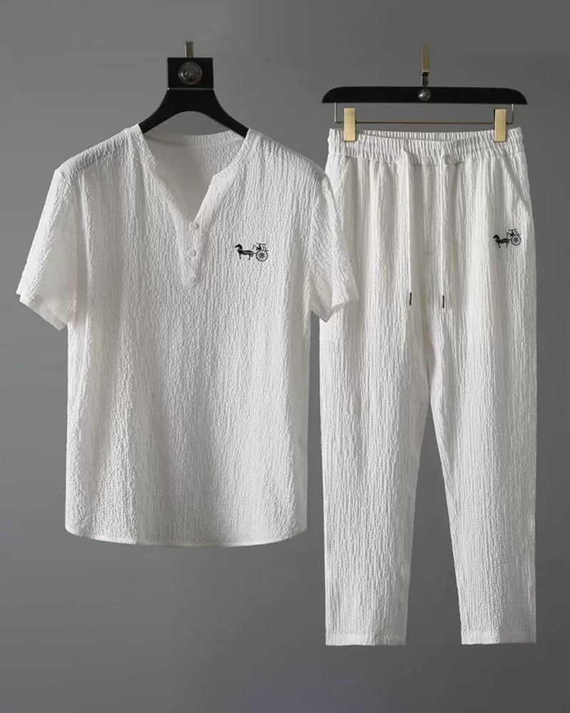 M-4XL Pleated Texture Henley Carriage Embroidered Short Sleeve Pants Set