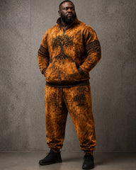Big & Tall Men's Brown And Yellow Tie-Dye Tree Of Life Printed Half-Zip Sweat Set