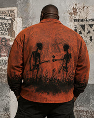 Big & Tall Men's Retro Skull Messenger Print Polo-Neck Zip-Up Long-Sleeve