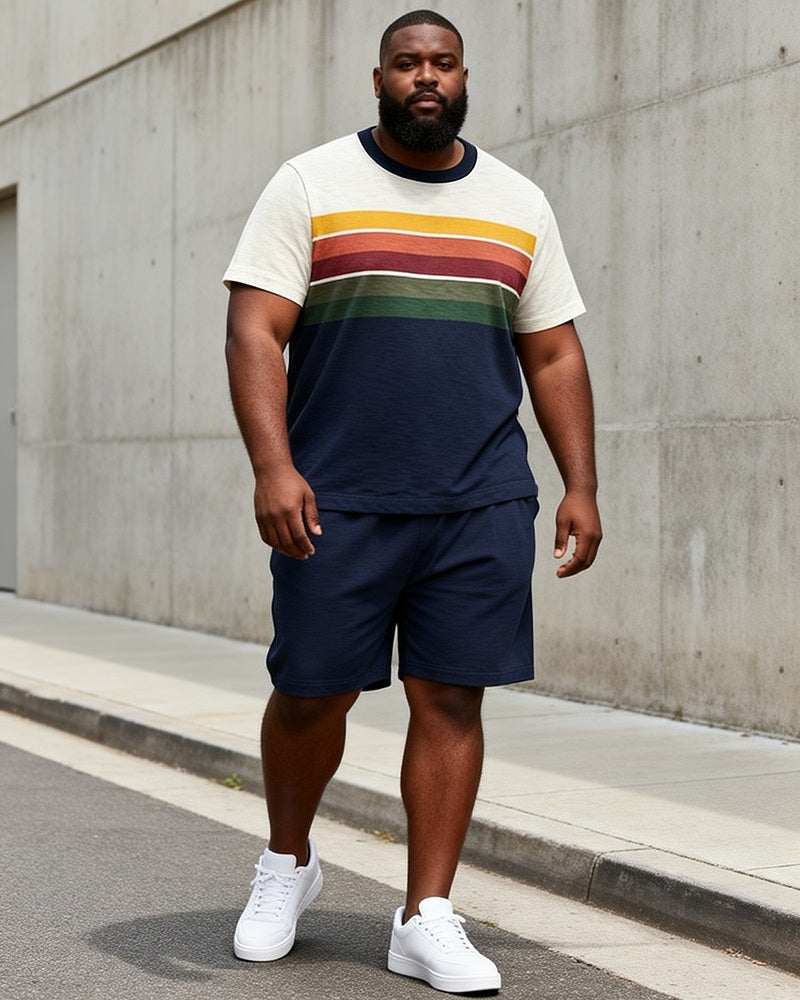 Big & Tall Men's Retro Gradient Rainbow Stripe Print Round Neck Short Sleeve T-Shirt Shorts Set