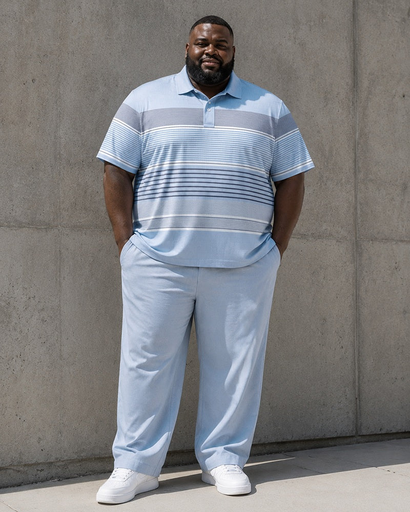 Big & Tall Men's Light Blue Gradient Horizontal Stripe Printed Polo Short Sleeve Trousers Set