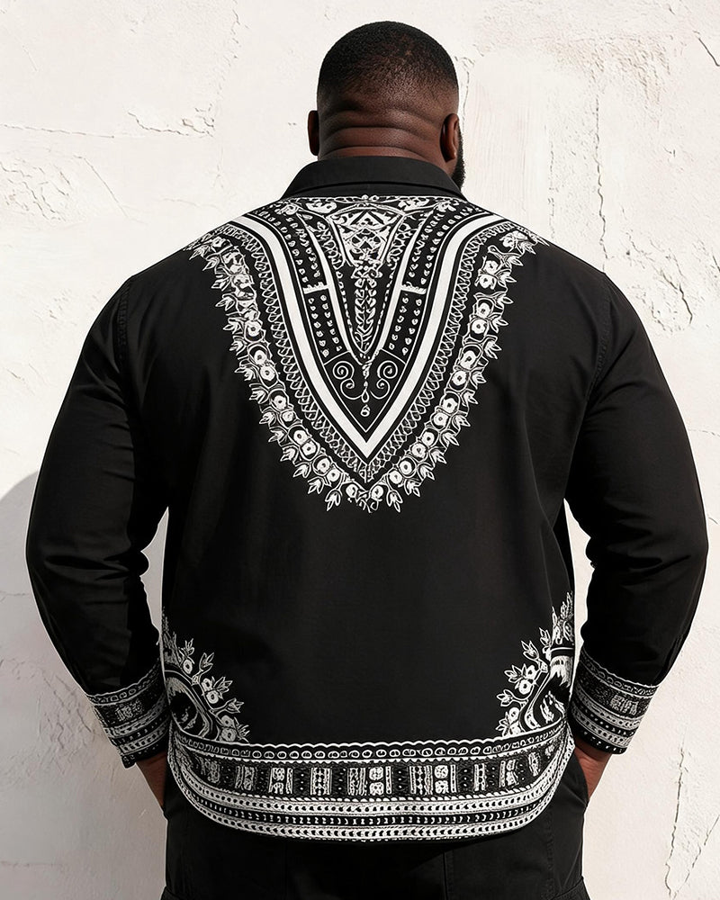 Big & Tall Men's Black African Ethnic Print Long Sleeve Shirt