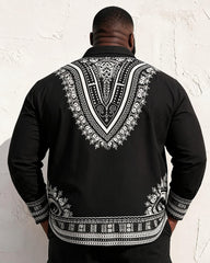 Big & Tall Men's Black African Ethnic Print Long Sleeve Shirt