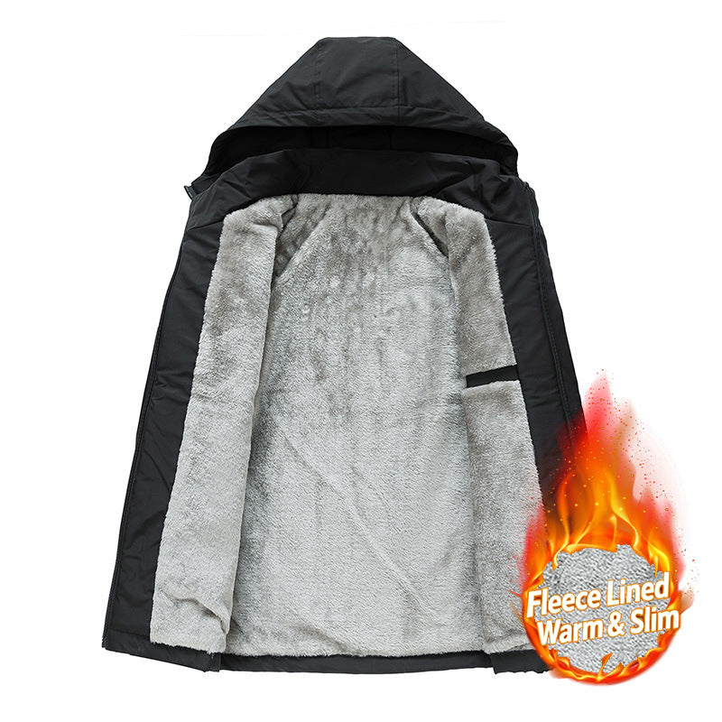 L-9XL Hooded Drawstring Solid Color Windproof Fleece Jacket
