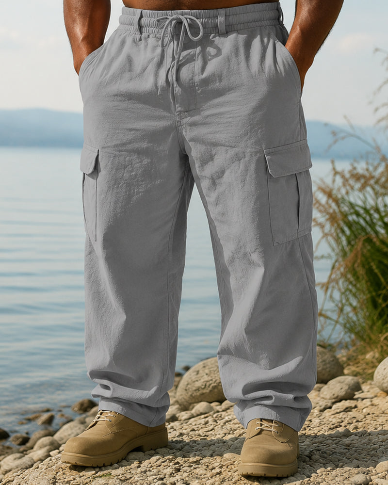 S-3XL Men's Cotton And Linen Overalls Multi-pocket Loose-fit Trousers