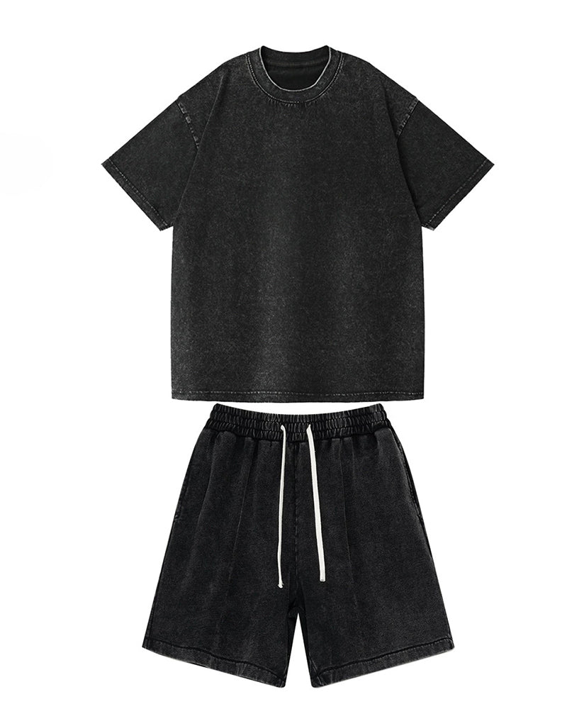 S-3XL Heavyweight Pure Cotton Washed-and-distressed T-shirt And Capri Pants Casual Set
