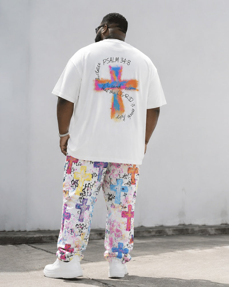 Big & Tall Men's Graffiti GOD IS GOOD Cross Print T-Shirt Trousers Set