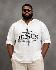 Big & Tall Men's Crucifixion Jesus-themed Printed Stand-collar Long-sleeve Shirt