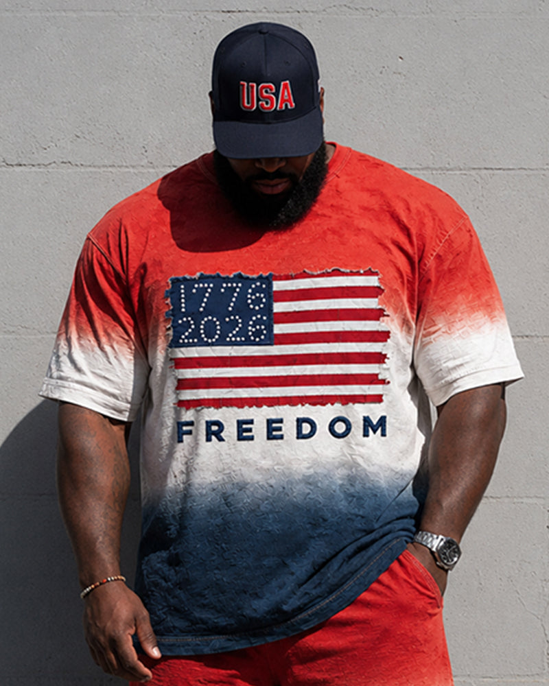 Big & Tall Men’s Gradient Flag 1776-2026 Printed Crew-Neck Short-Sleeve T-Shirt And Shorts Set