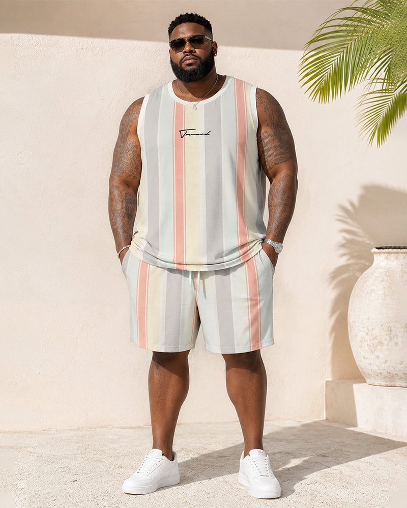 Big & Tall Men's Pink Gray Vertical Stripe Letter Print Vest Shorts Set