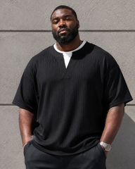 M-8XL Fake Two-Piece Henry Collar Short-Sleeve Tee