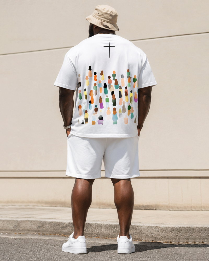 Big & Tall Men's Faith Crowd Silhouette Cross Printed Crewneck Short Sleeve T-Shirt Shorts Set