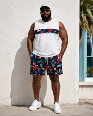 Big & Tall Men's Tropical Floral Patchwork Printed Vest Shorts Set