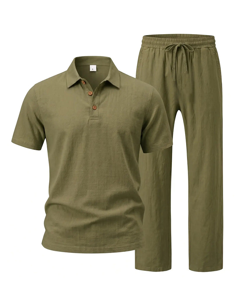 S-3XL Linen Lapel Short Sleeve Trousers Casual Suit