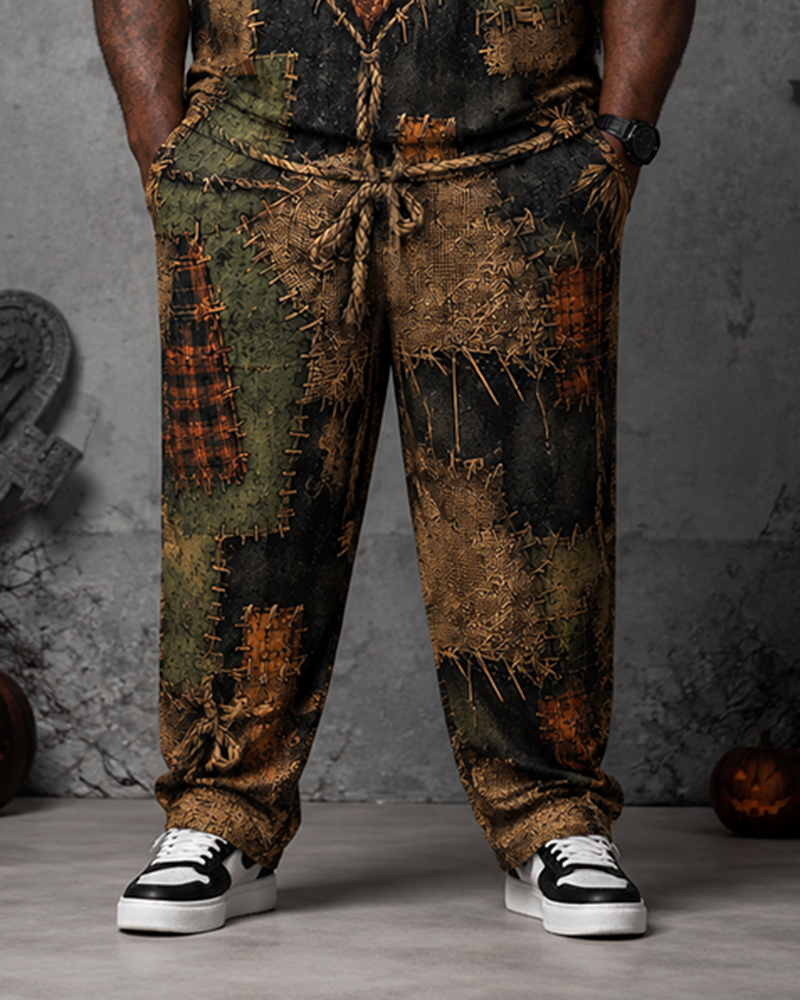Big & Tall Men's Patch Patchwork Scarecrow Pumpkin Love Printed T-Shirt Pants Set