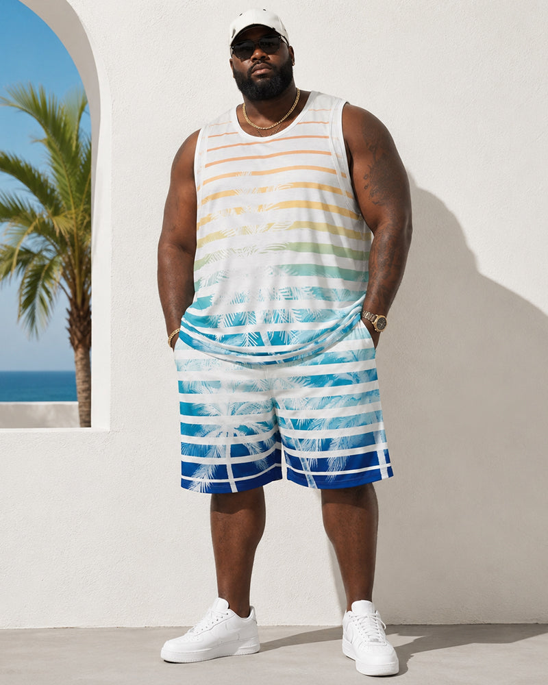 Big & Tall Men's Gradient Rainbow Stripe Coconut Print Tank Shorts Set