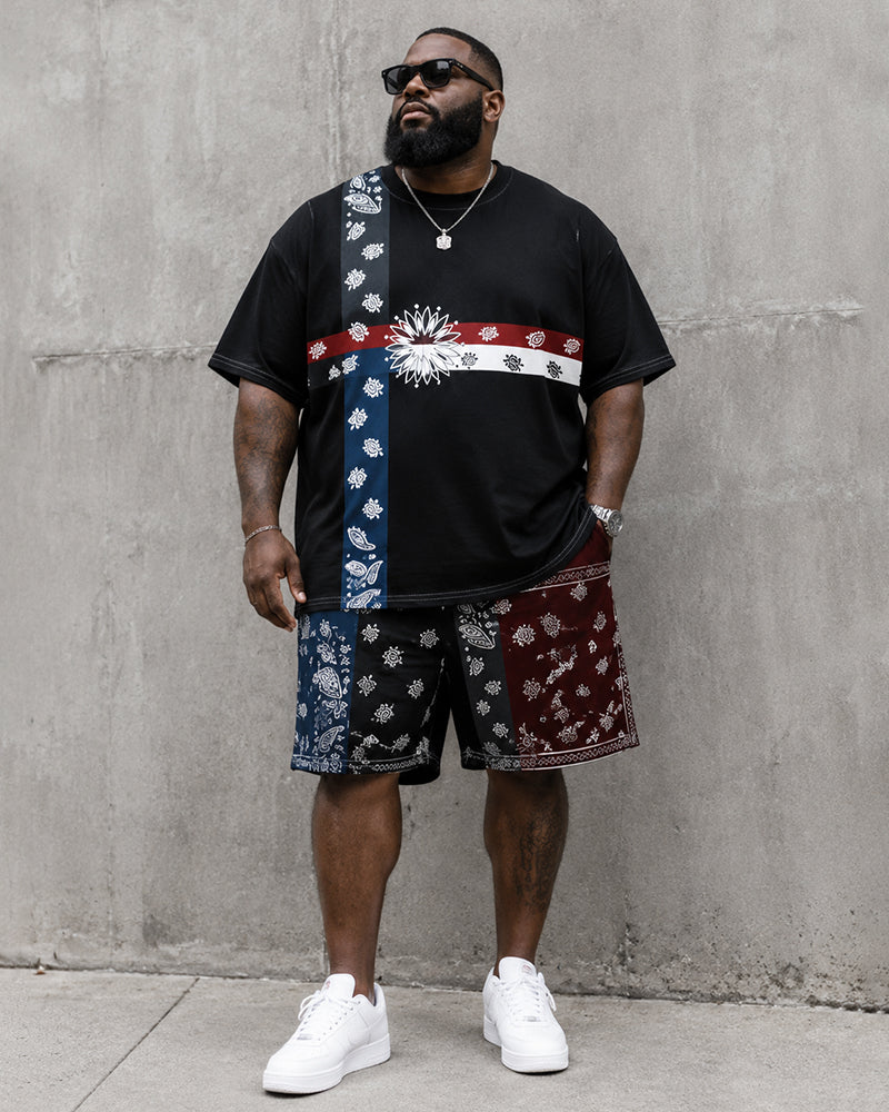 Big & Tall Men's Black Contrast Paisley Stitching Printed Crew Neck Short Sleeve T-shirt Shorts Set
