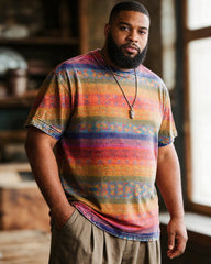 Big & Tall Men's Ethnic Stripe Printed Round Neck Short Sleeve T-Shirt