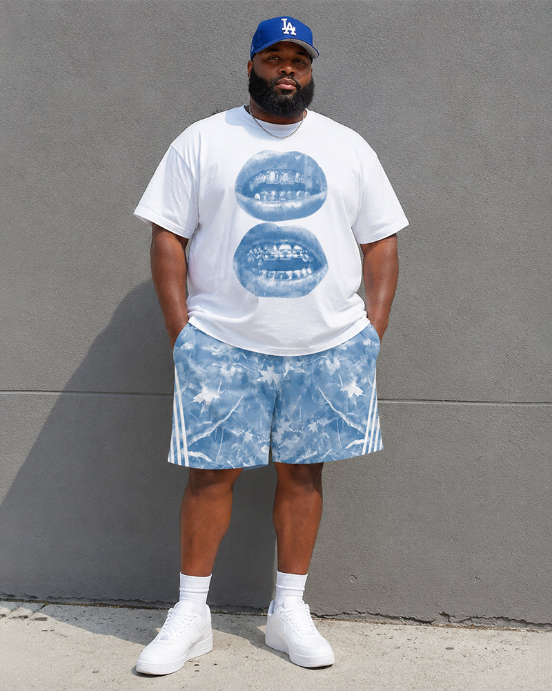 Big & Tall Men's Braces Lips Maple Leaf Tie-Dye Printed Crewneck Short Sleeve T-Shirt Shorts Set