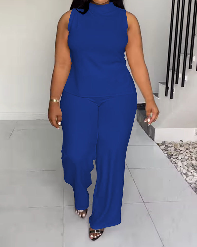 XL-4XL Women's Solid Color Casual Sleeveless Pants Set