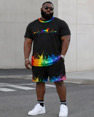 Big & Tall Men's Rainbow Splash Ink Heartbeat Dachshund Printed Round Neck Short Sleeve T-Shirt Shorts Set