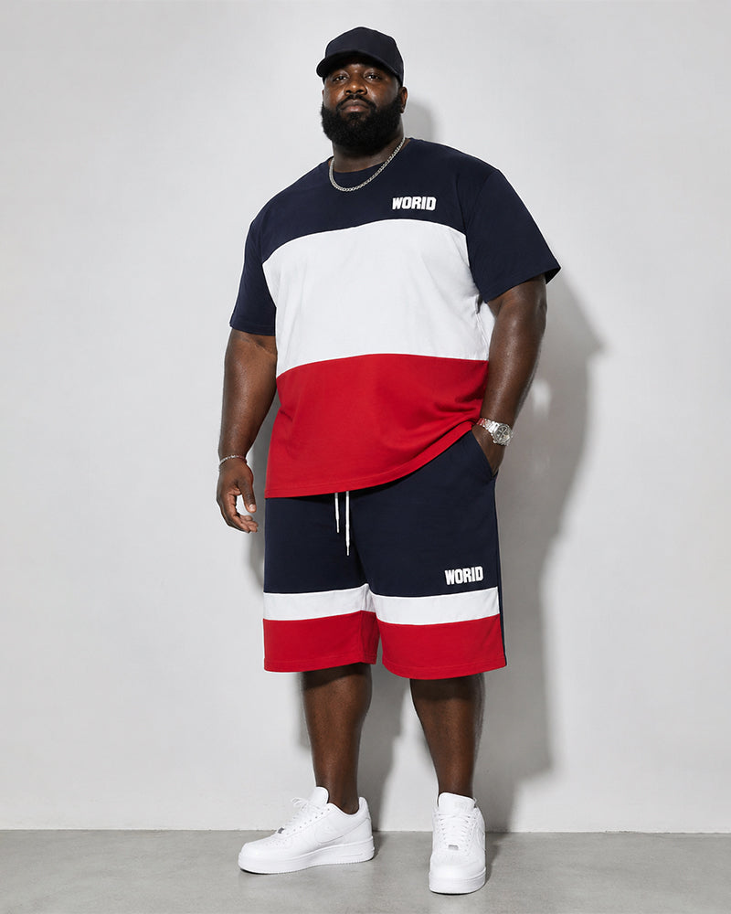Big & Tall Men's Color Contrast WORID Alphabet Print Round Neck Short Sleeve T-Shirt Shorts Set