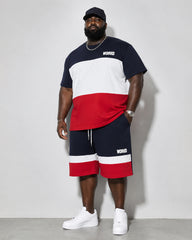 Big & Tall Men's Color Contrast WORID Alphabet Print Round Neck Short Sleeve T-Shirt Shorts Set