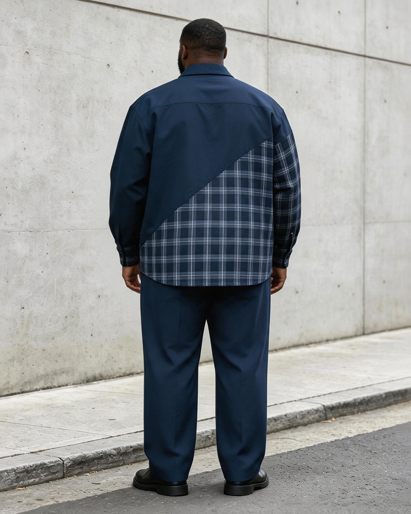 Big & Tall Men’s Navy Blue Diagonal Plaid Patchwork Printed Long-Sleeve Shirt And Pants Set